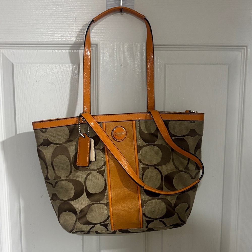 Coach Brown Signature Tote with Orange Trim
